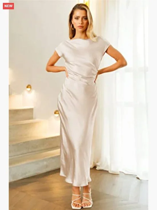 Satin Cap Sleeve Cowl Back Midi Dress Ruched Waist Formal Wedding Guest - Picture 2 of 7